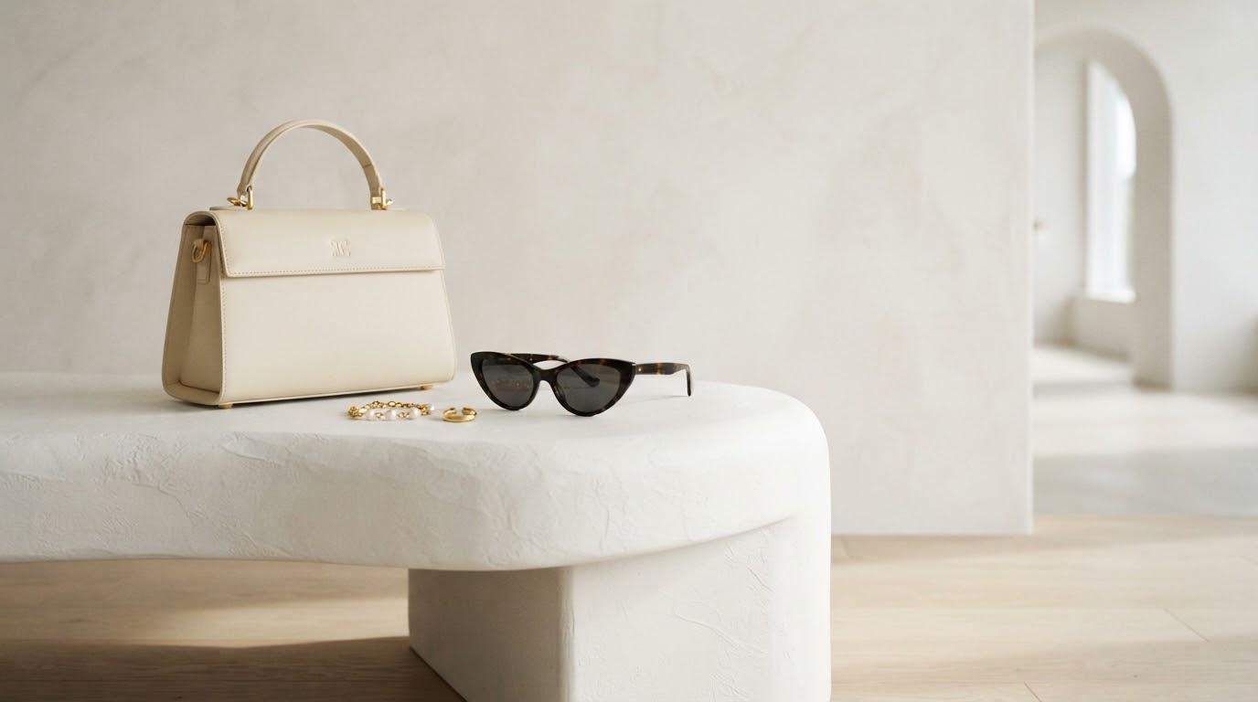 Handbag, sunglasses, and jewelry styled on a stone surface