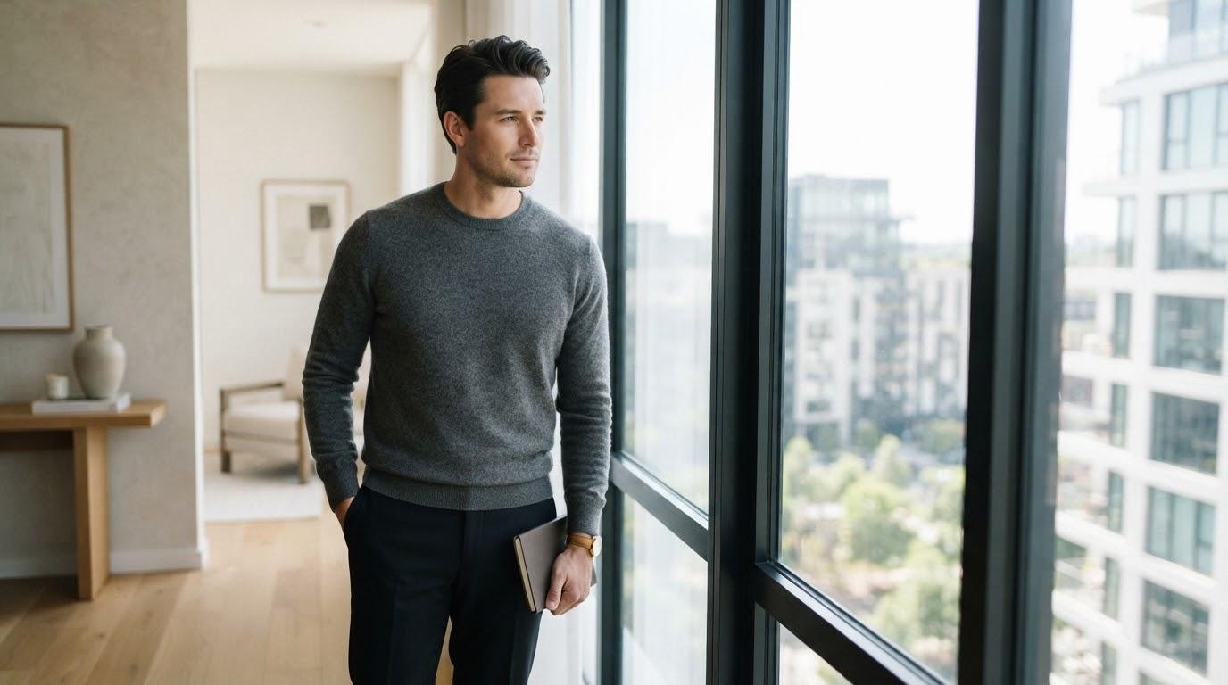 Man in a grey sweater looking out a window