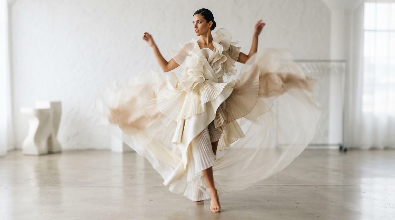 Woman in a flowing pleated dress in motion