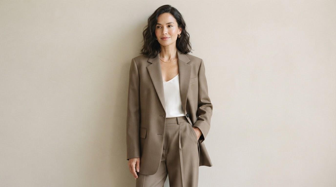 Woman wearing a tailored beige suit